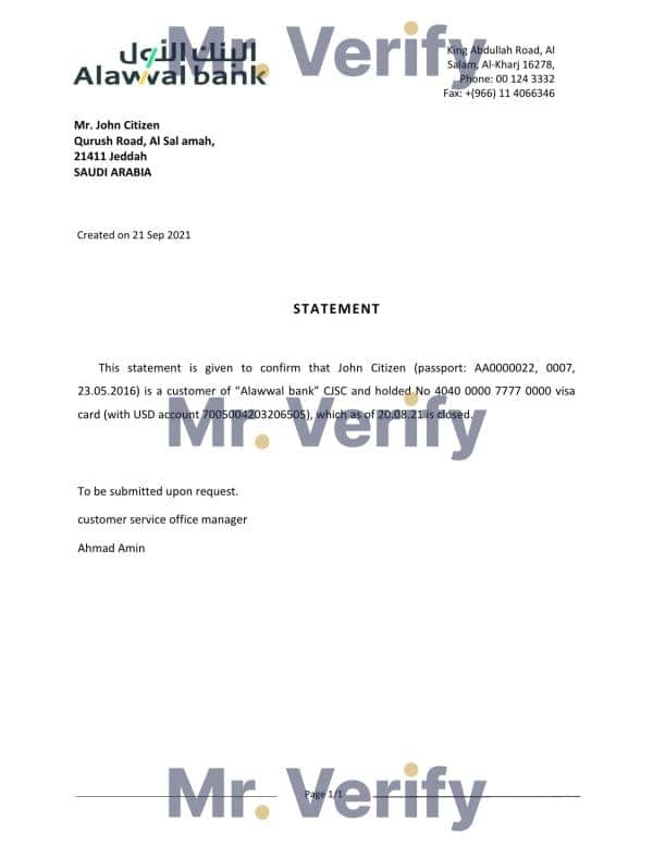 Download Saudi Arabia Alawwal Bank Reference Letter Templates | Editable Word