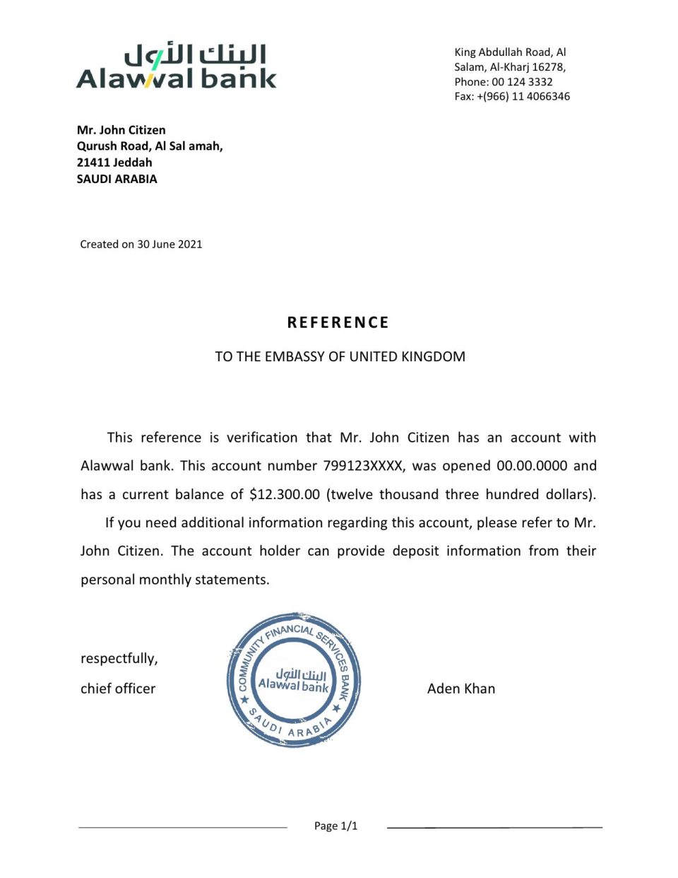 Download Saudi Arabia Alawwal Bank Reference Letter Templates | Editable Word