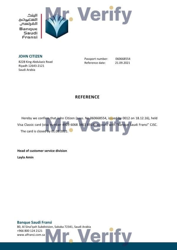 Download Saudi Arabia Banque Saudi Fransi Bank Reference Letter Templates | Editable Word