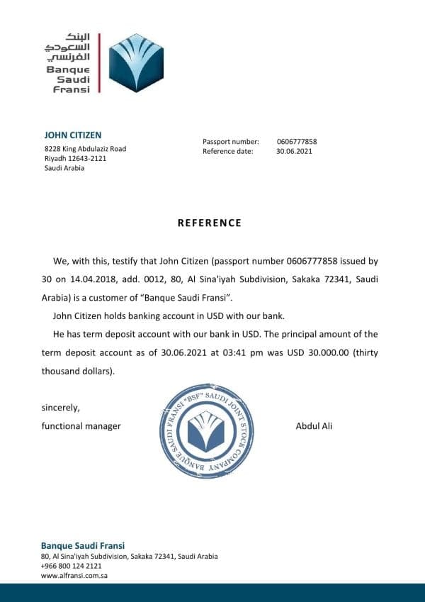 Download Saudi Arabia Banque Saudi Fransi Bank Reference Letter Templates | Editable Word