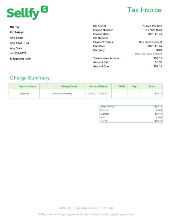 High-Quality Latvia Sellfy tax Invoice Template PDF | Fully Editable