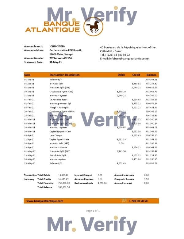 Senegal Banque Atlantique Bank statement easy to fill template in .xls and .pdf file format