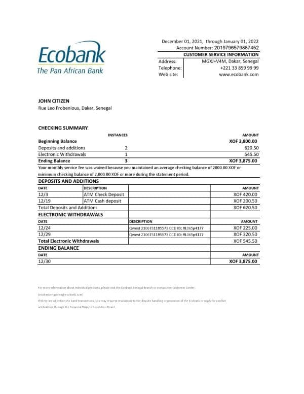 Senegal Ecobank bank statement, Excel and PDF template