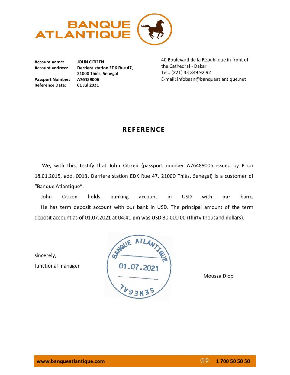 Download Senegal Banque Atlantique Bank Reference Letter Templates | Editable Word