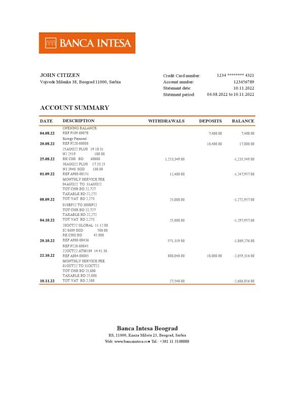 Serbia Banca Intesa bank statement, Excel and PDF template