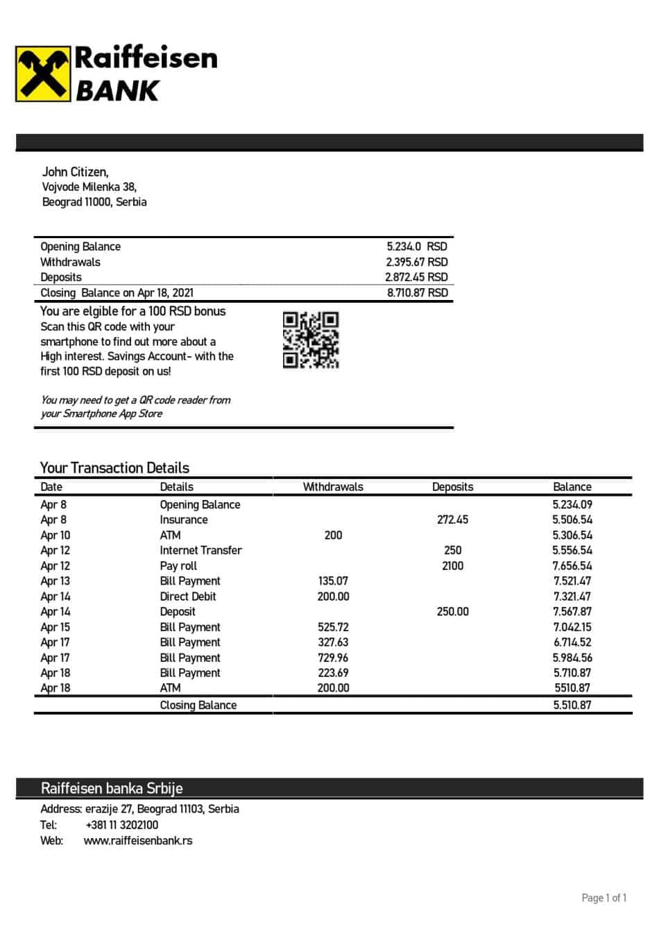 Serbia Raiffeisen bank statement template in Word and PDF format