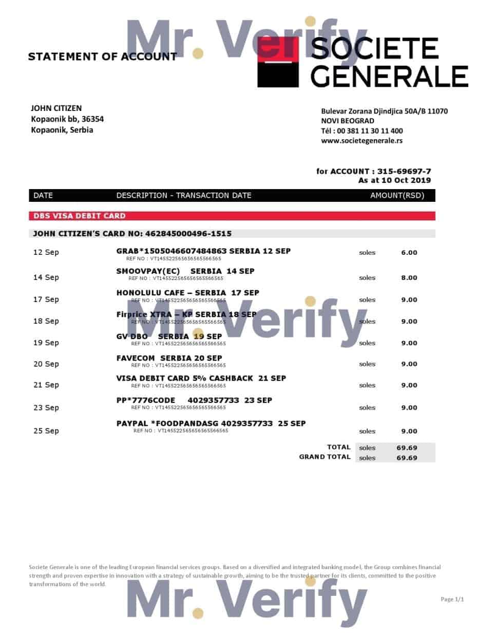 Serbia Societe Generale bank proof of address statement template in Word and PDF format