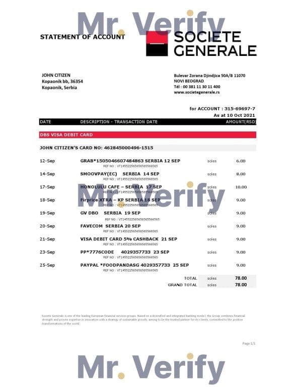 Serbia Societe Generale bank statement easy to fill template in .xls and .pdf format
