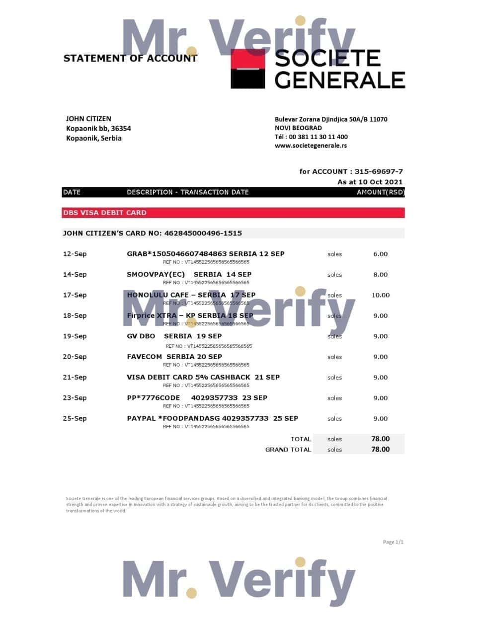 Serbia Societe Generale bank statement easy to fill template in .xls and .pdf format