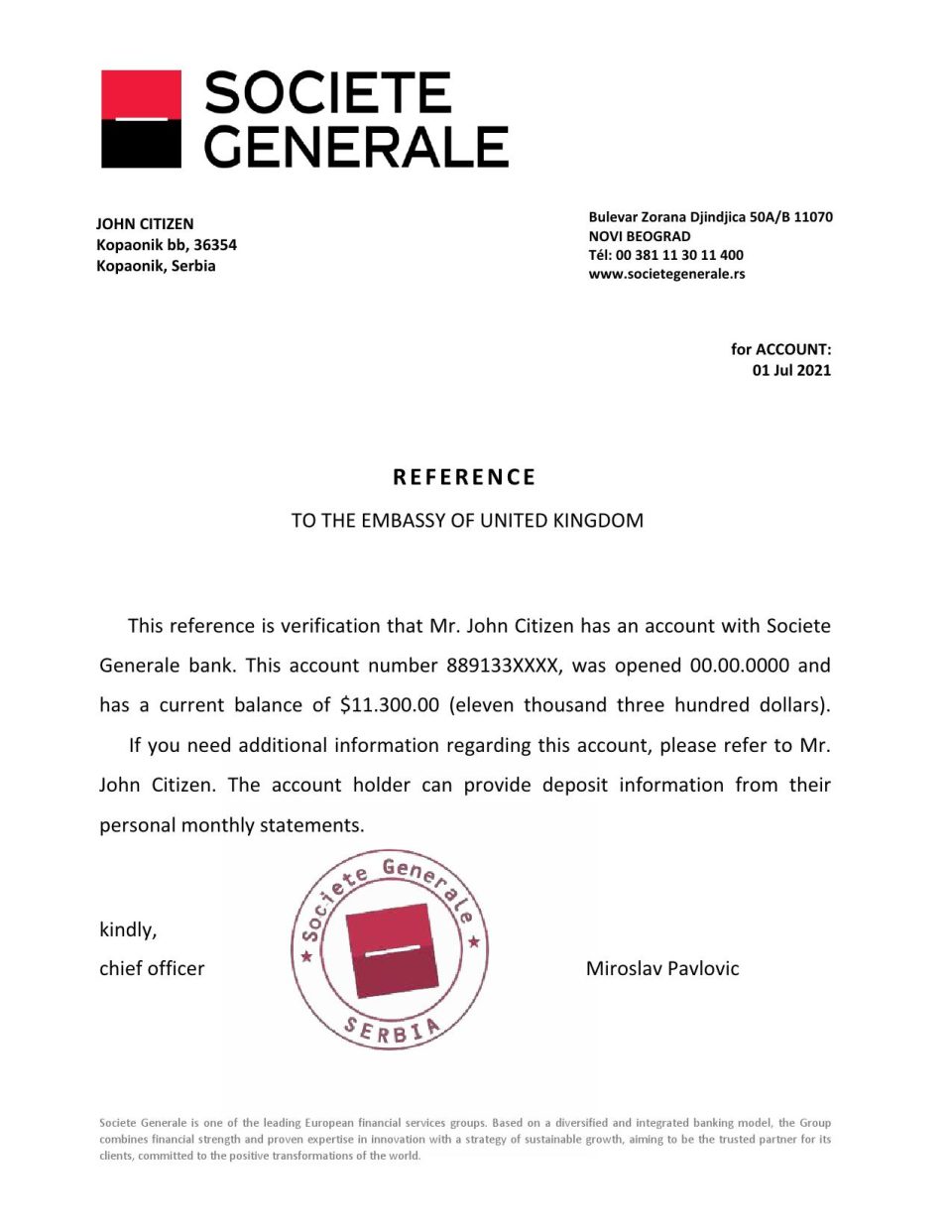 Download Serbia Societe Generale Bank Reference Letter Templates | Editable Word