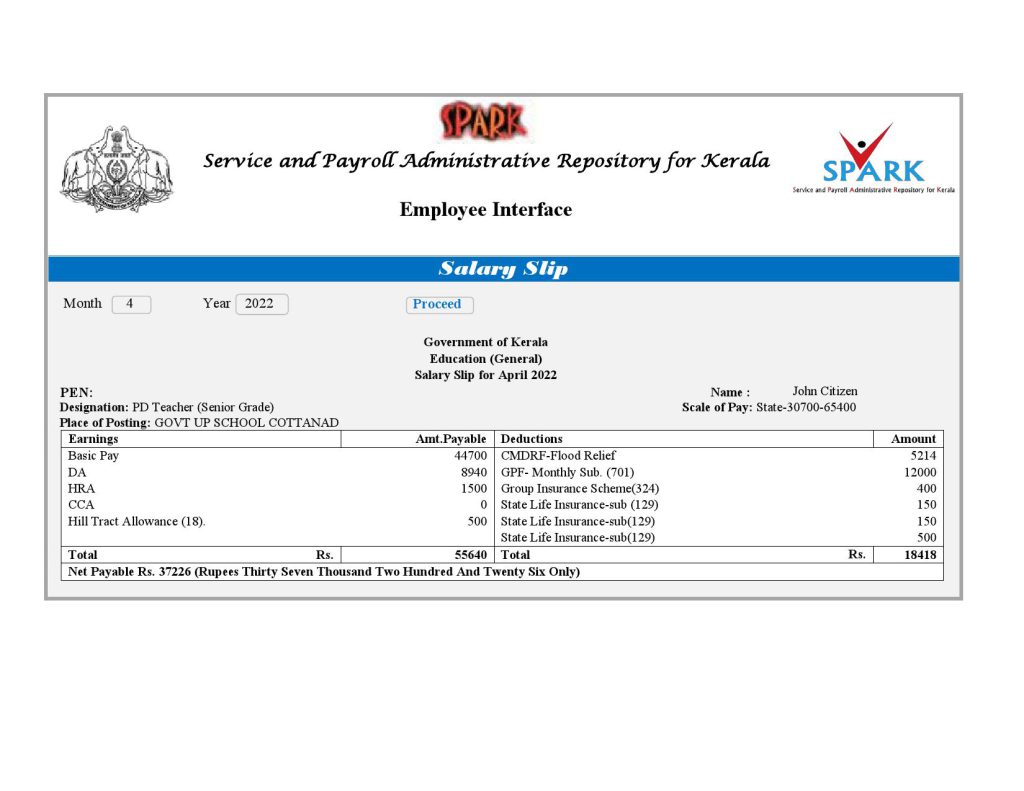 India Service and Payroll Administrative Repository for Kerala payroll company pay stub Word and PDF template