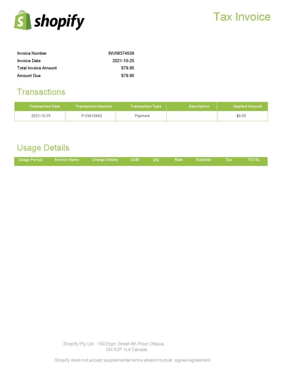 High-Quality Canada Shopify tax Invoice Template PDF | Fully Editable