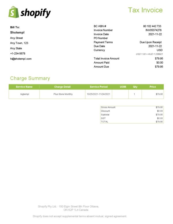 Canada Shopify tax invoice template in Word and PDF format, fully editable