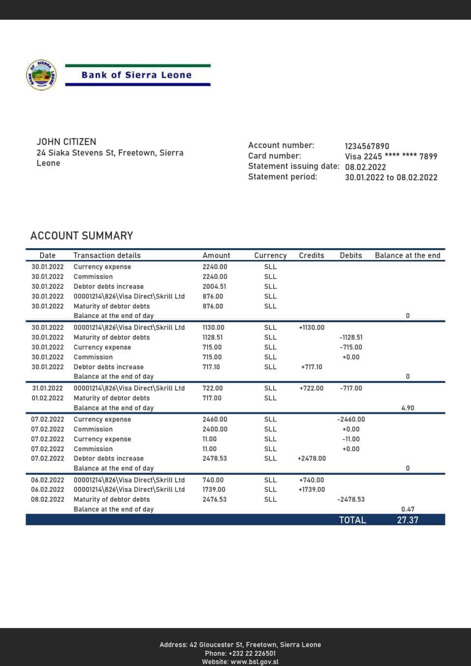Sierra Leone Bank of Sierra Leone bank statement template in Word and PDF format
