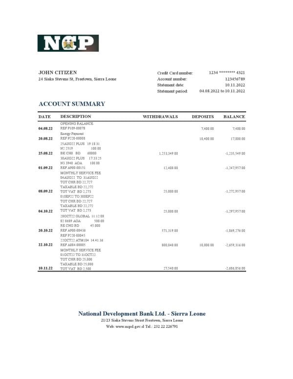 Sierra Leone National Development bank statement, Excel and PDF template