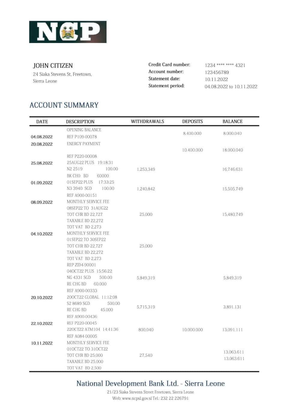 Sierra Leone National Development bank statement template in Word and PDF format