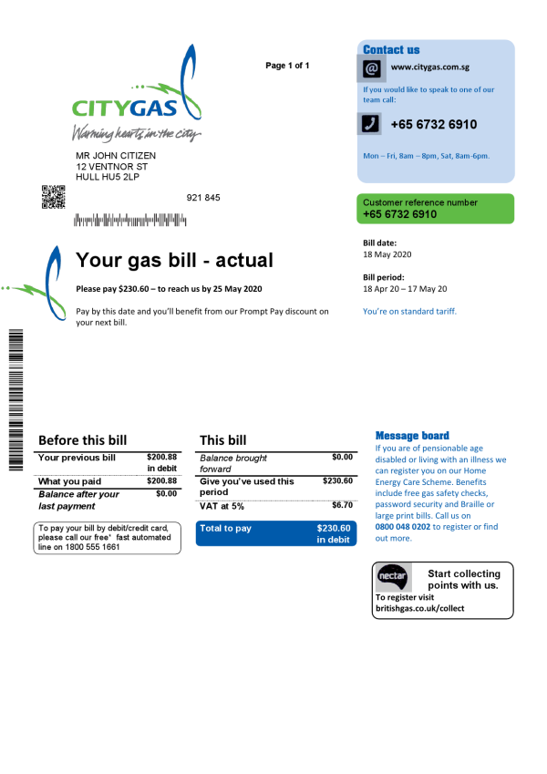Singapore City Gas utility bill template in Word and PDF format