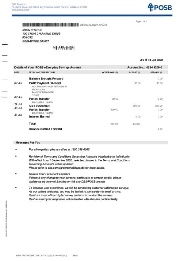 Singapore DBS bank statement template in Word and PDF format, 2 pages