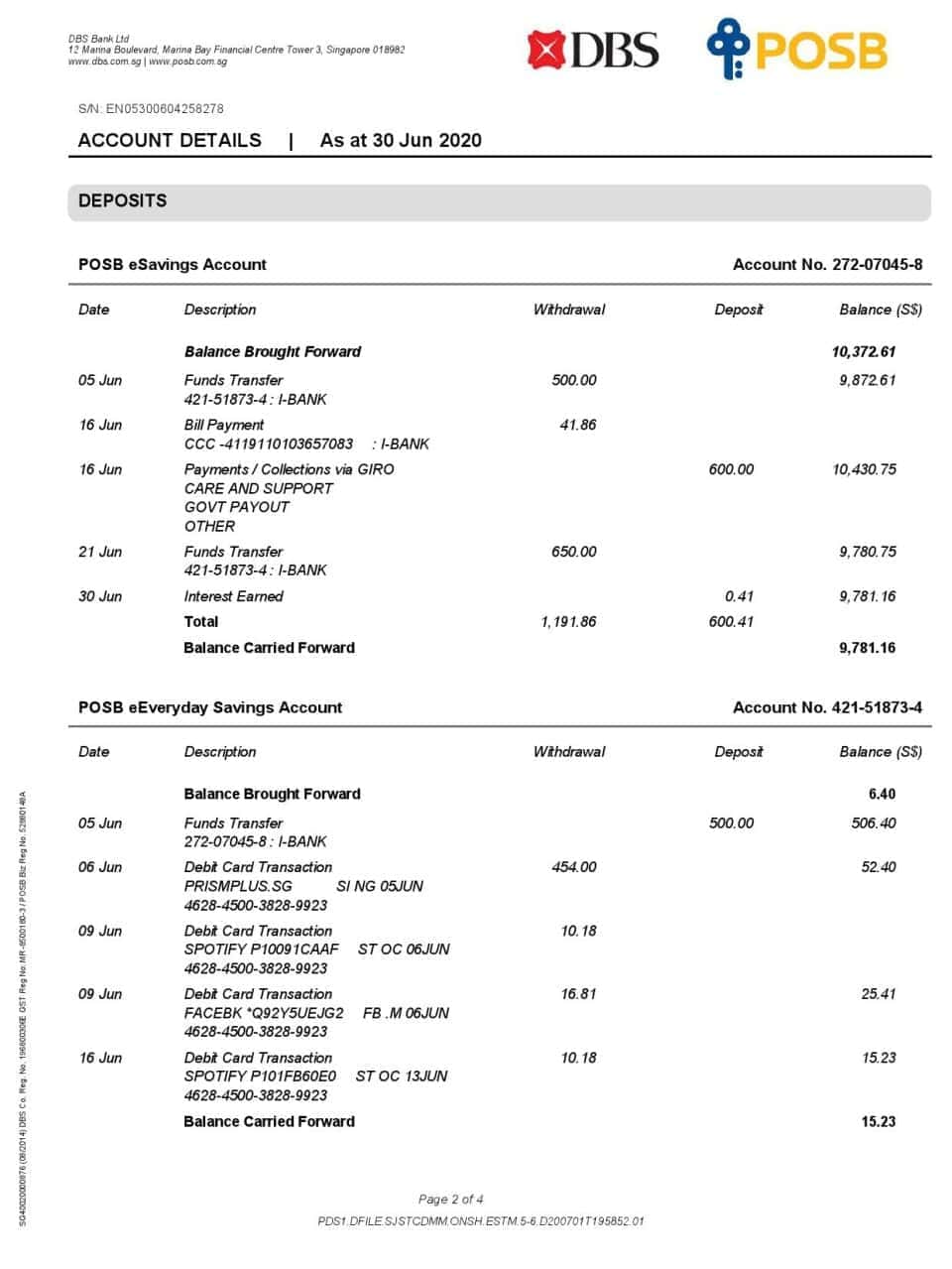 Singapore DBS bank proof of address statement template in Word and PDF format, 4 pages