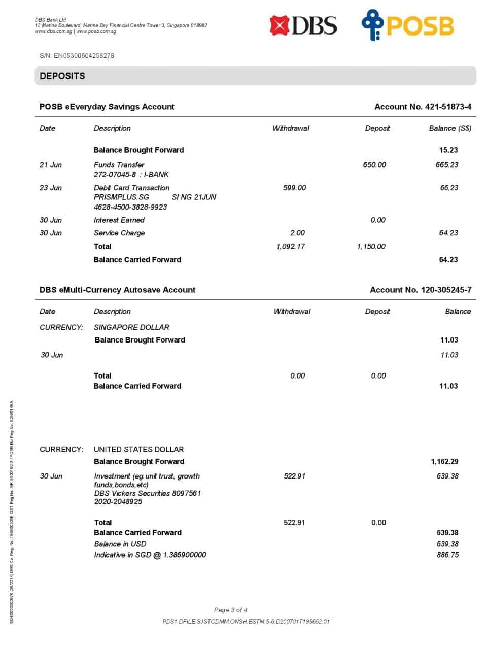 Singapore DBS bank proof of address statement template in Word and PDF format, 4 pages