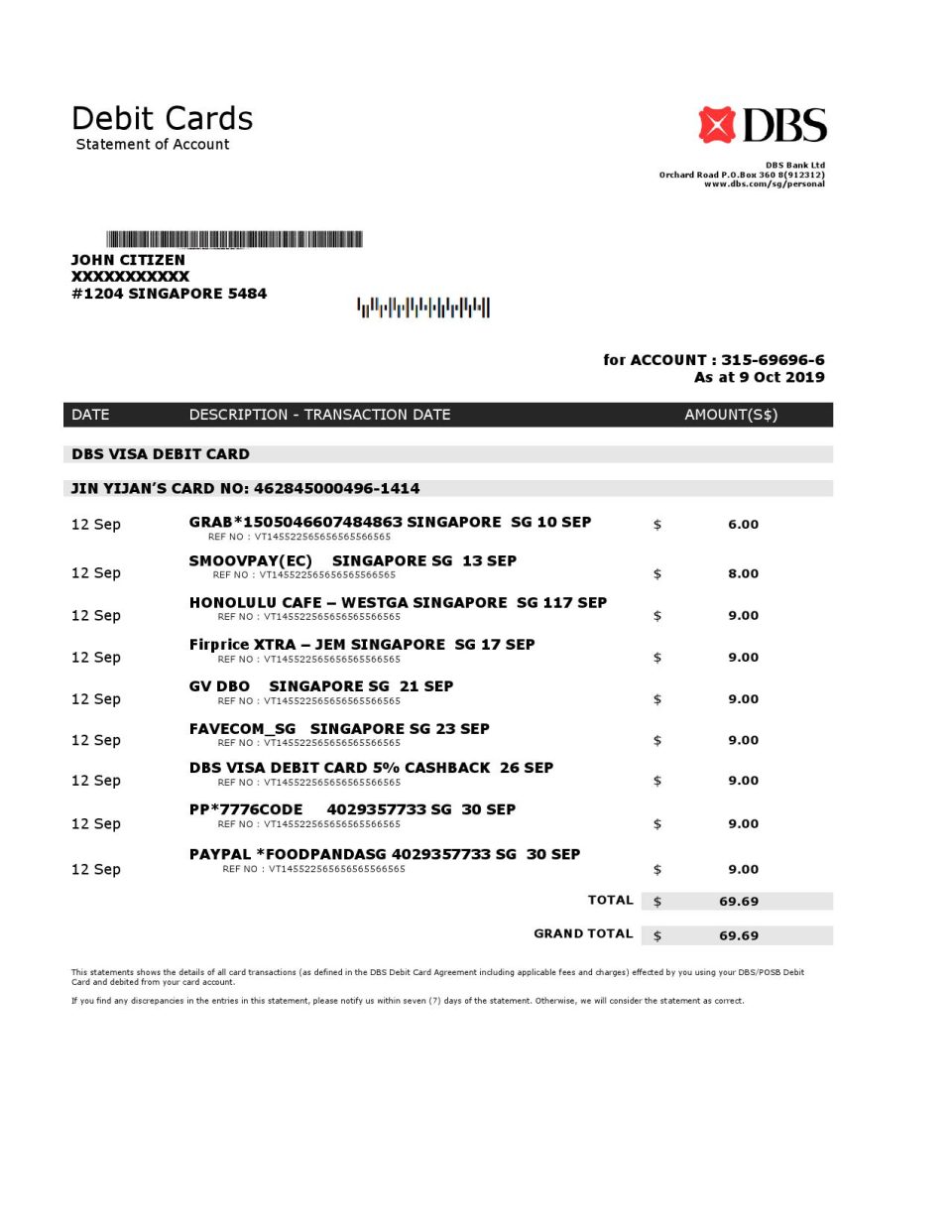 Singapore DBS bank proof of address statement template in .doc and .pdf format