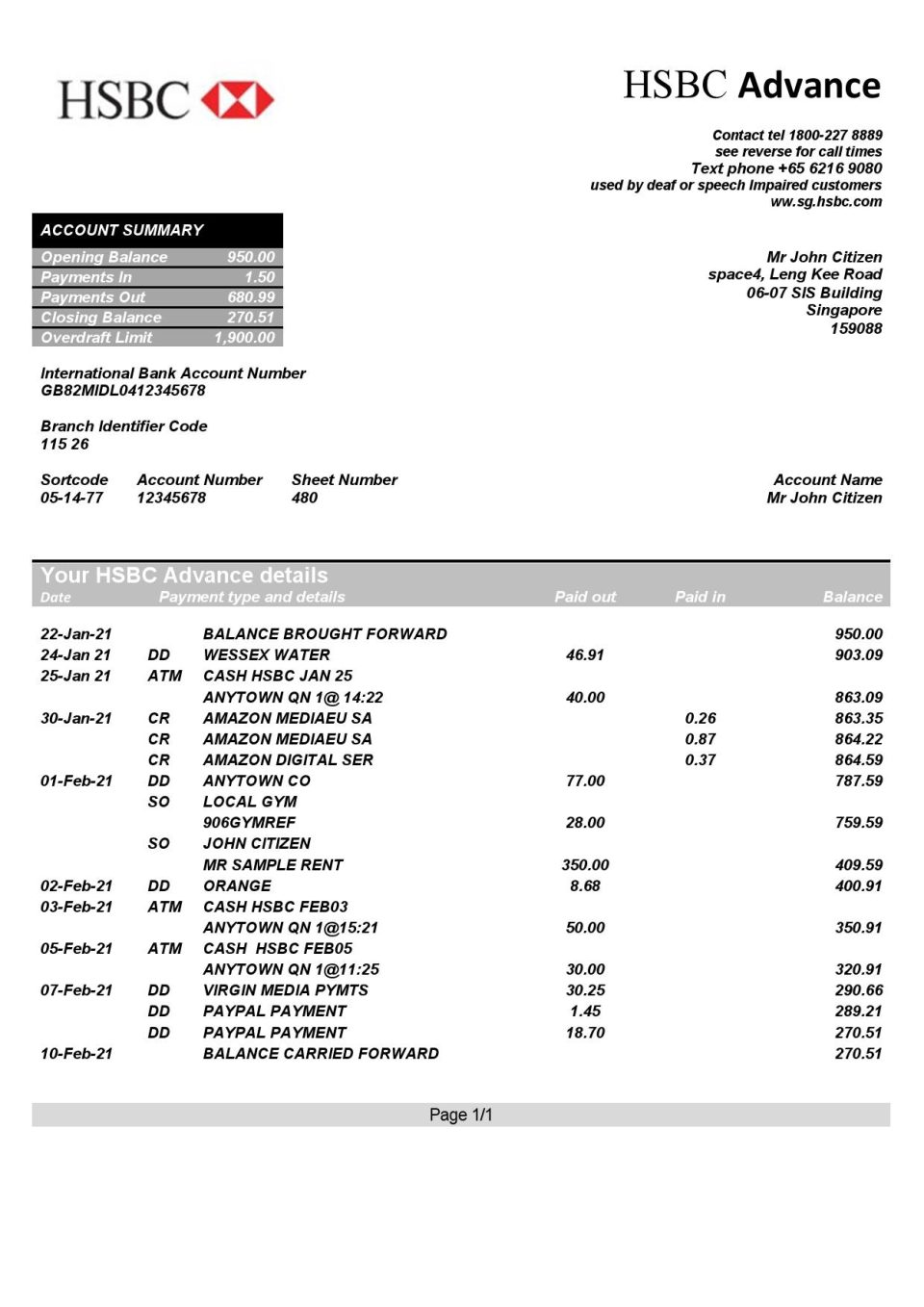 Singapore HSBC bank statement template in Word and PDF format