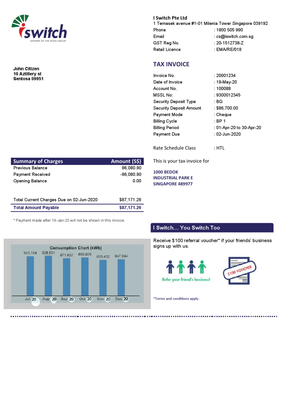 Singapore Iswitch energy utility bill template, fully editable in PSD format