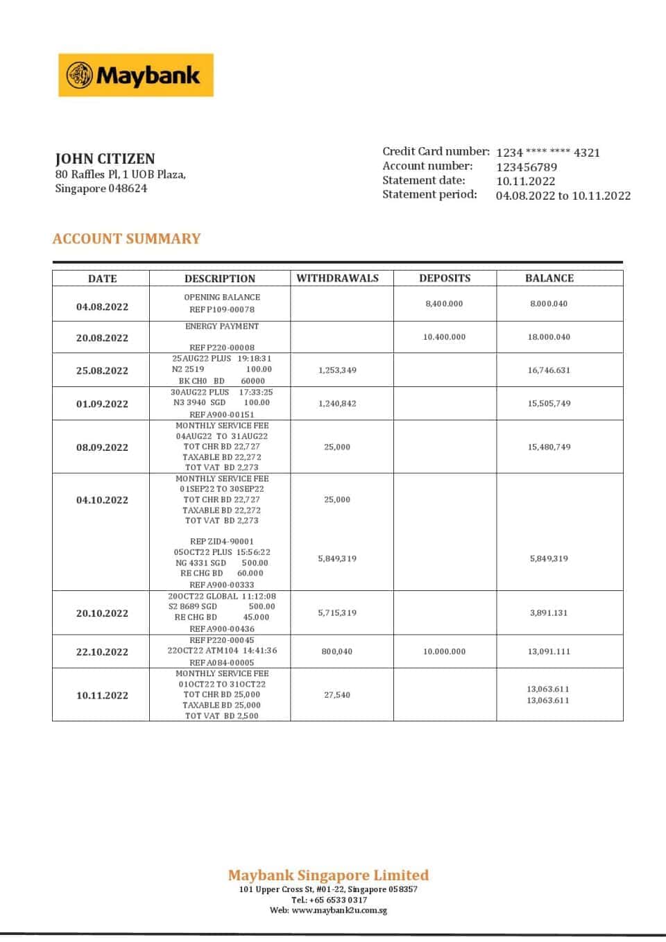 Singapore Maybank bank statement template in Word and PDF format