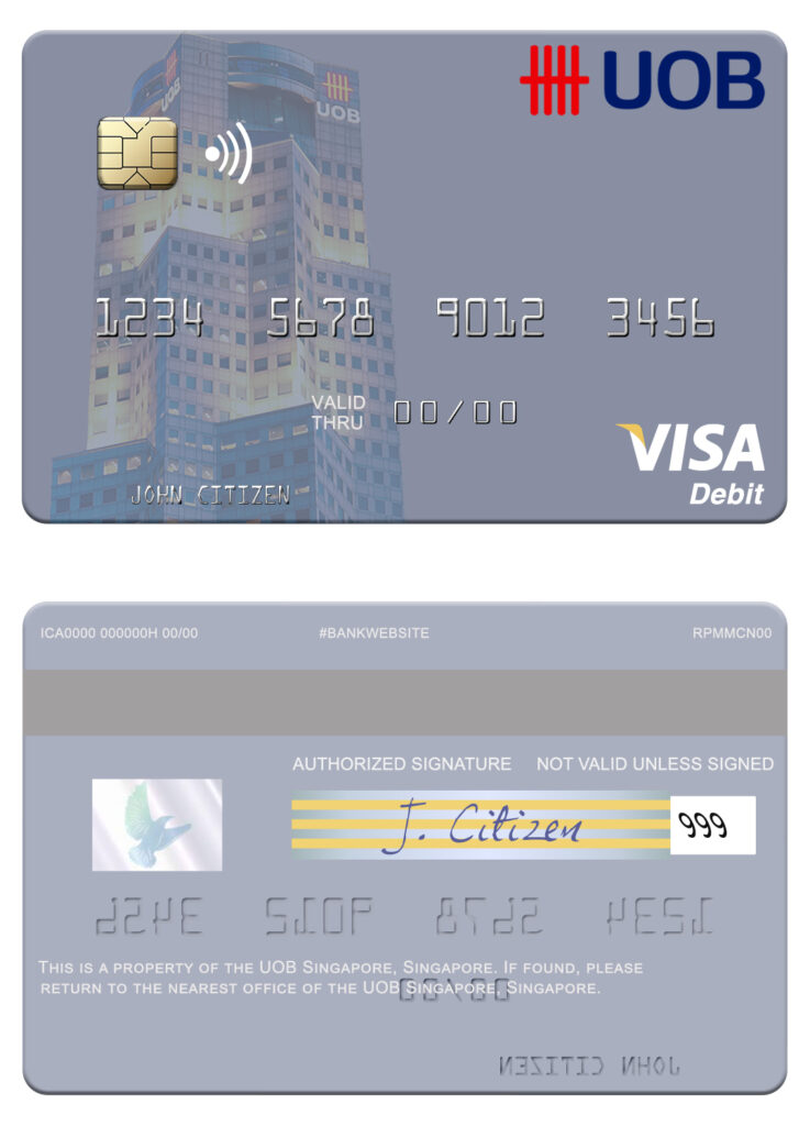 Editable Singapore UOB Singapore visa debit card Templates