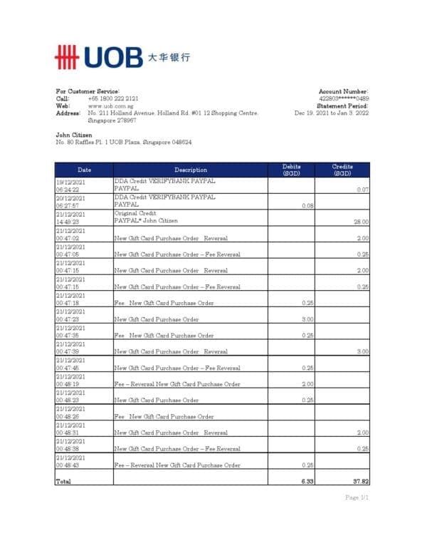 Singapore UOB bank statement, Excel and PDF template