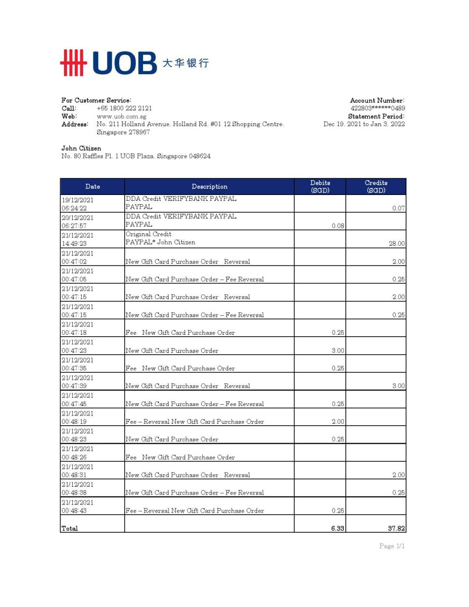 Singapore UOB bank statement, Excel and PDF template