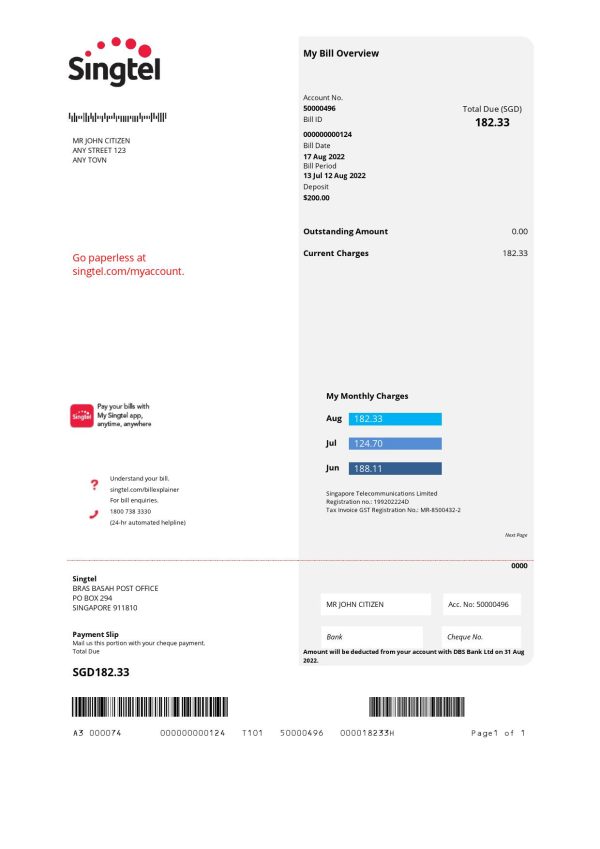 USA Singtel utility bill template in Word and PDF format