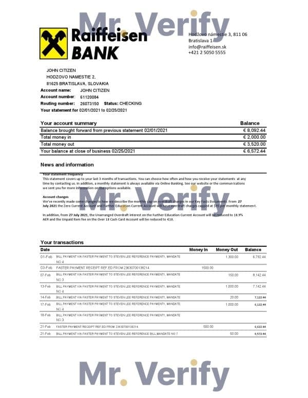 Slovakia Raiffeisen Bank statement easy to fill template in Excel and PDF format