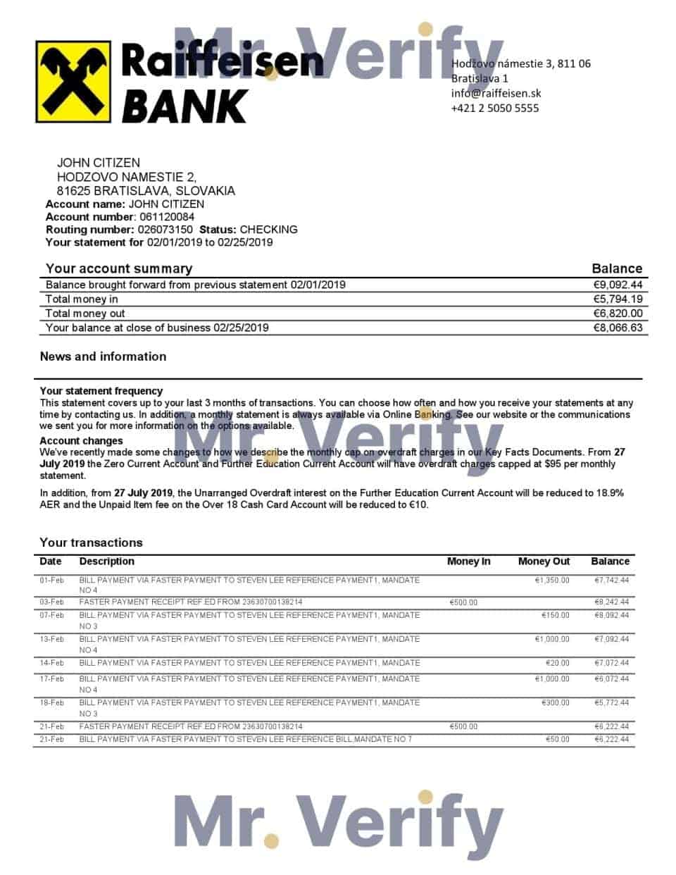 Slovakia Raiffeisen Bank statement template, Word and PDF format (.doc and .pdf)