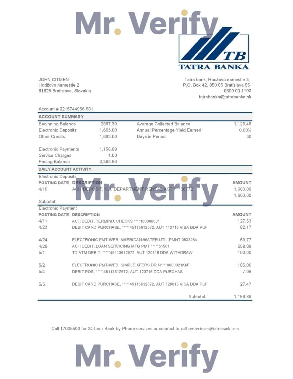 Slovakia Tatra Bank statement easy to fill template in .xls and .pdf file format
