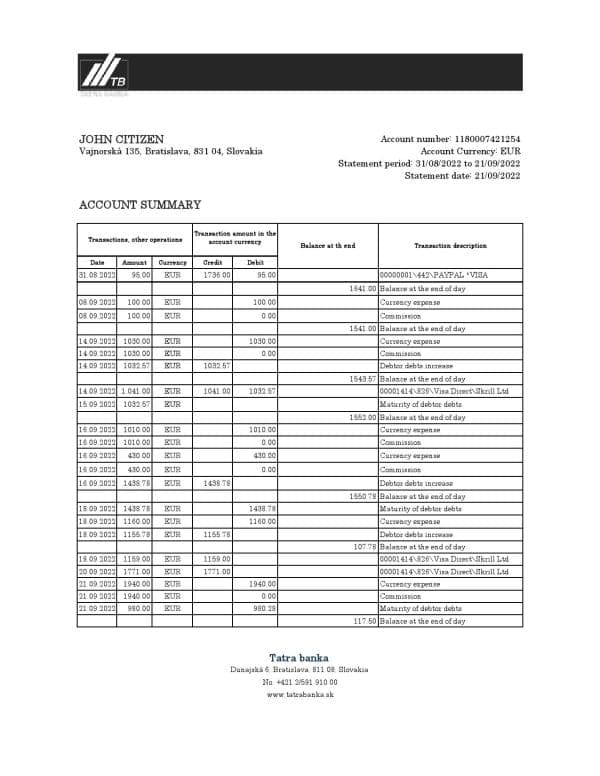 Slovakia Tatra bank statement, Excel and PDF template, version 2