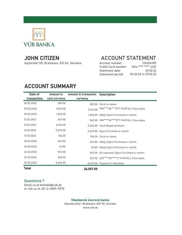 Slovakia VUB bank statement, Excel and PDF template