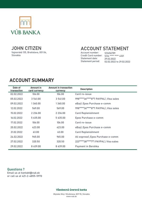 Slovakia VUB bank statement template in Word and PDF format