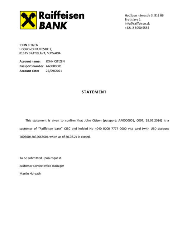 Download Slovakia Raiffeisen Bank Reference Letter Templates | Editable Word
