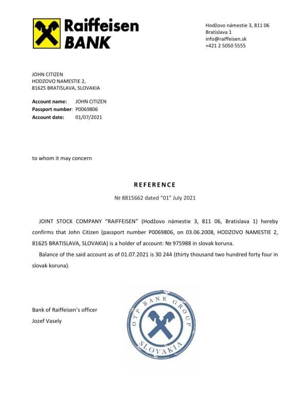 Download Slovakia Raiffeisen Bank Reference Letter Templates | Editable Word
