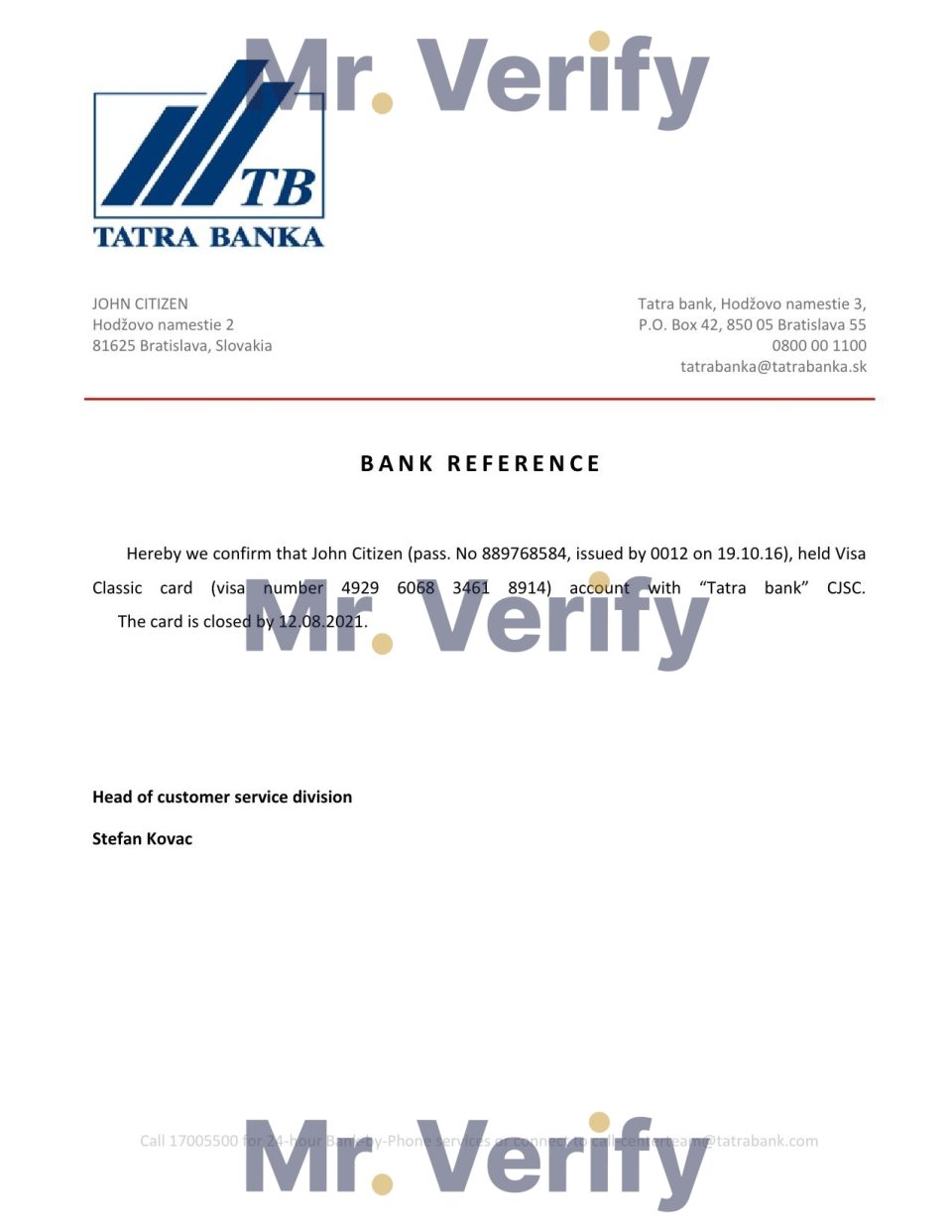 Download Slovakia Tatra Bank Reference Letter Templates | Editable Word