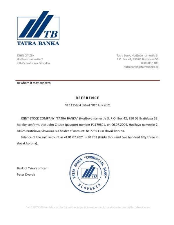 Download Slovakia Tatra Banka Bank Reference Letter Templates | Editable Word