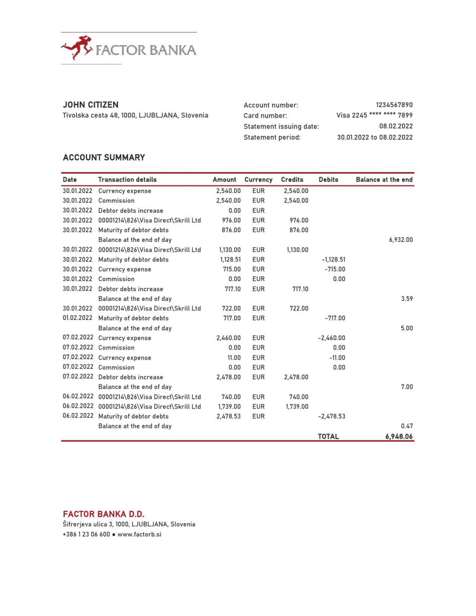 Slovenia Factor Banka bank statement, Excel and PDF template