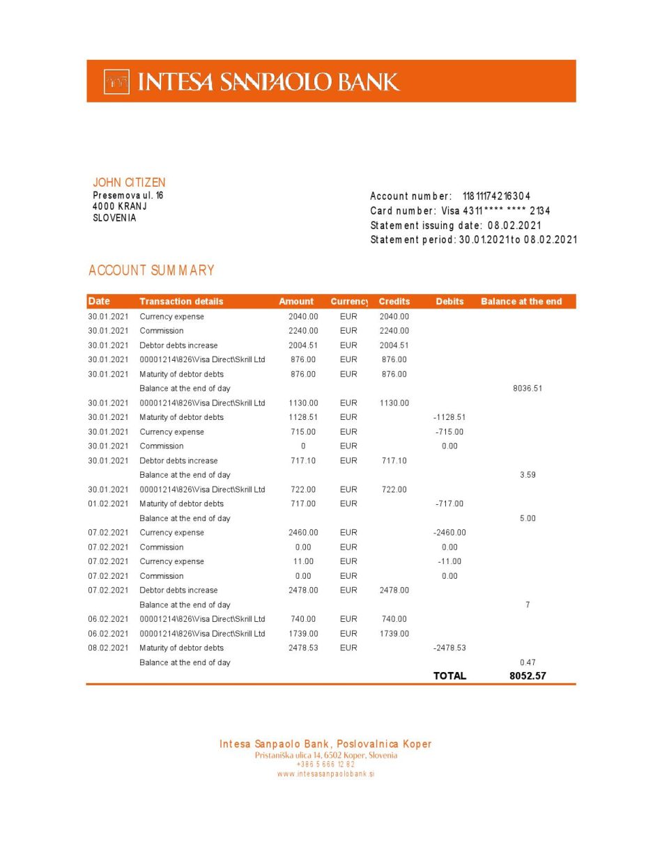Slovenia Intesa Sanpaolo Bank, Poslovalnica Koper bank statement easy to fill template in .xls and .pdf file format