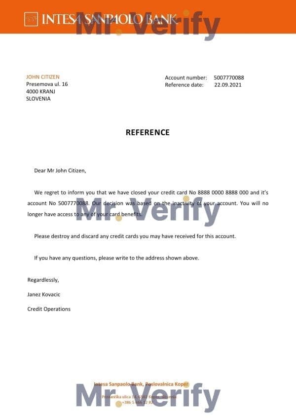Download Slovenia Intesa Sanpaolo Bank Reference Letter Templates | Editable Word