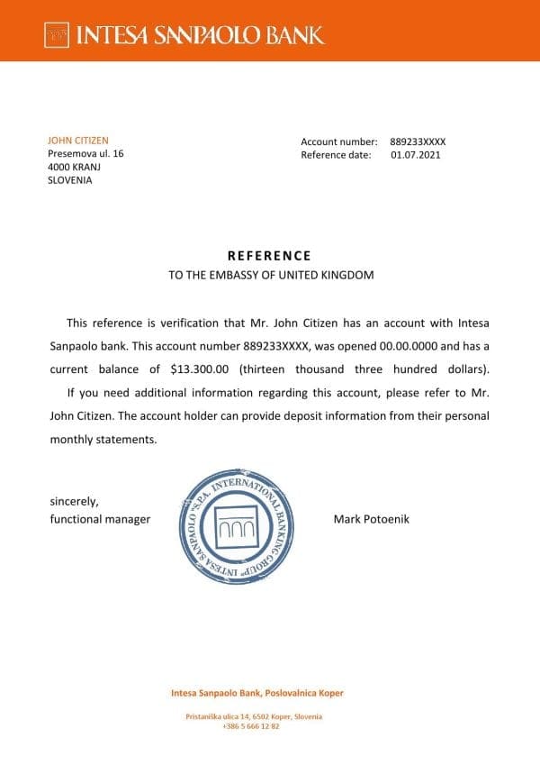 Download Slovenia Intesa Sanpaolo Bank Reference Letter Templates | Editable Word