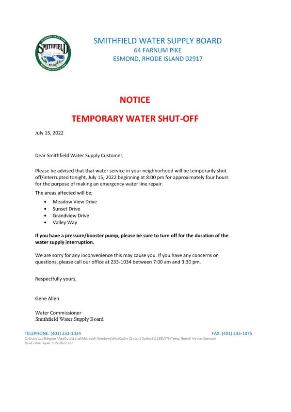USA Rhode Island Smithfield water supply board water shut off notice, Word and PDF template