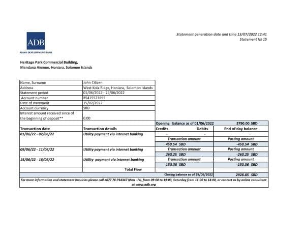 Solomon Islands ADB bank statement, Excel and PDF template