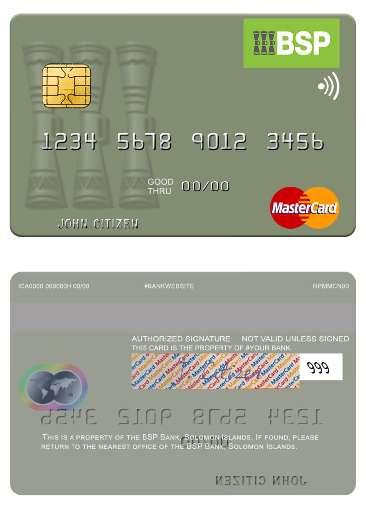 Fillable Solomon Islands BSP Bank mastercard credit card Templates | Layer-Based PSD