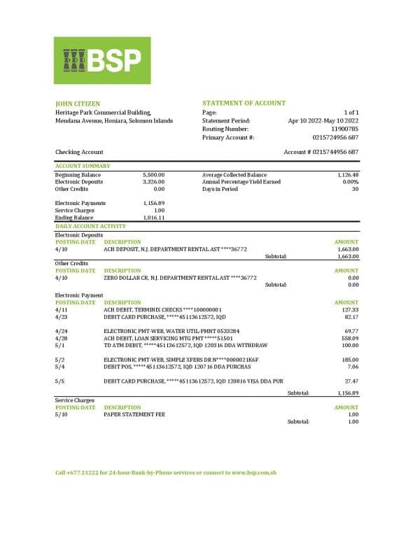 Solomon Islands BSP bank statement, Excel and PDF template